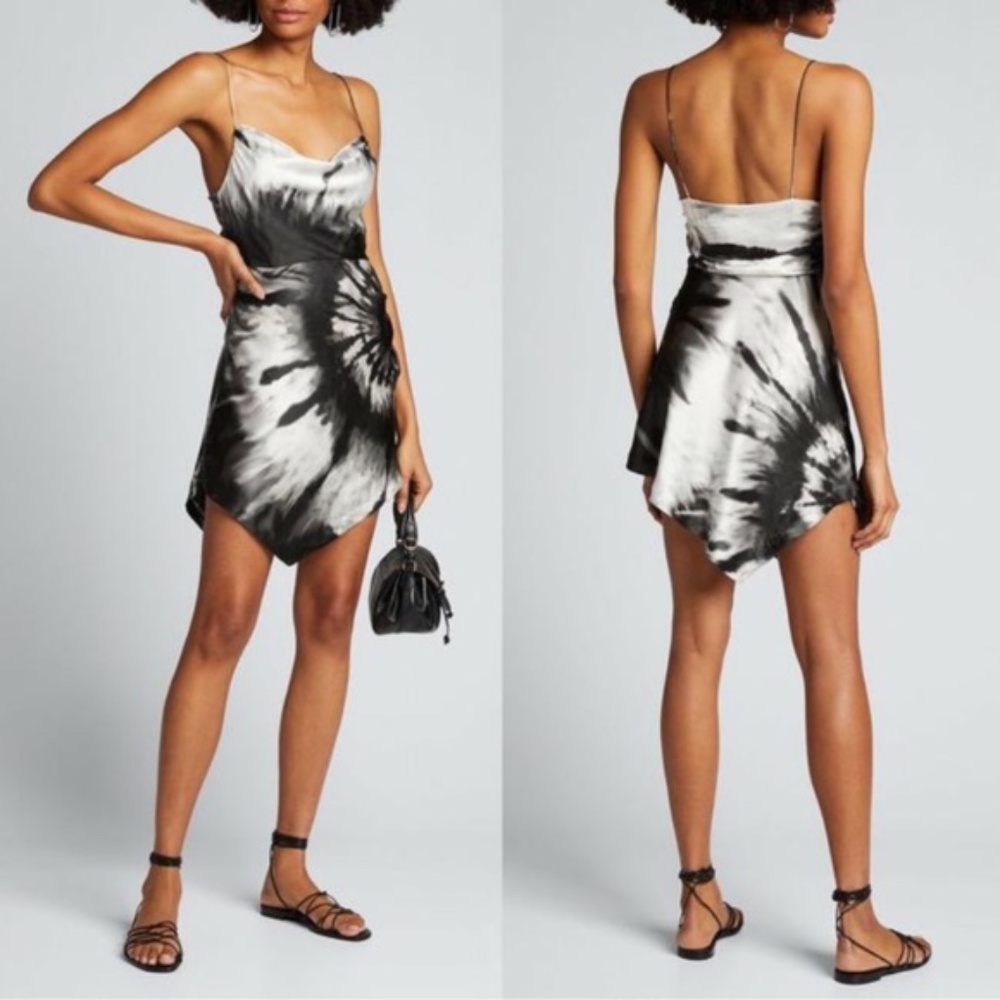 RETROFETE Auris Tie Dye Asymmetric Cowl Neck Dress in satin black white …